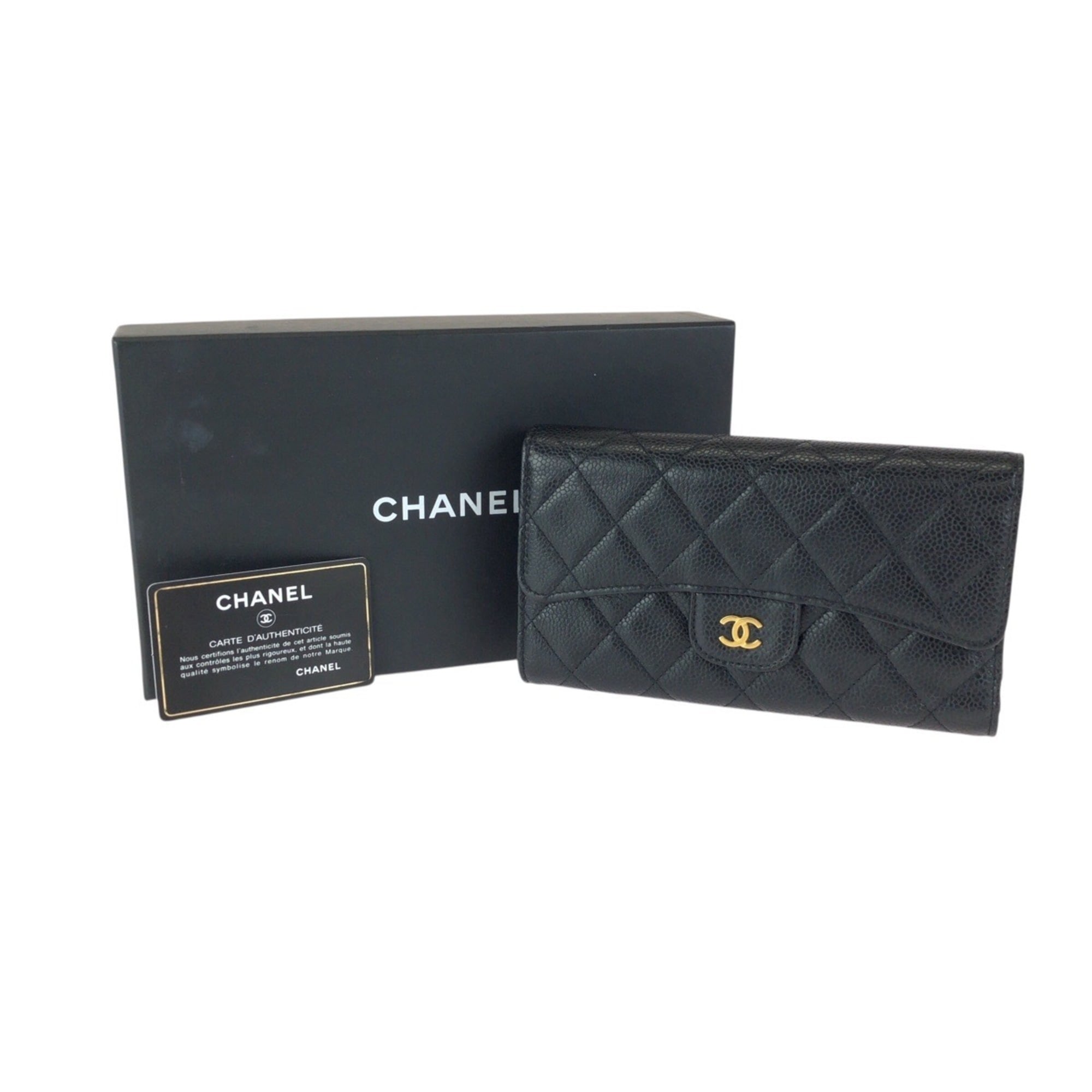 Chanel Black Grained Calfskin Long Wallet (Tri-Fold) (Pre-Owned)