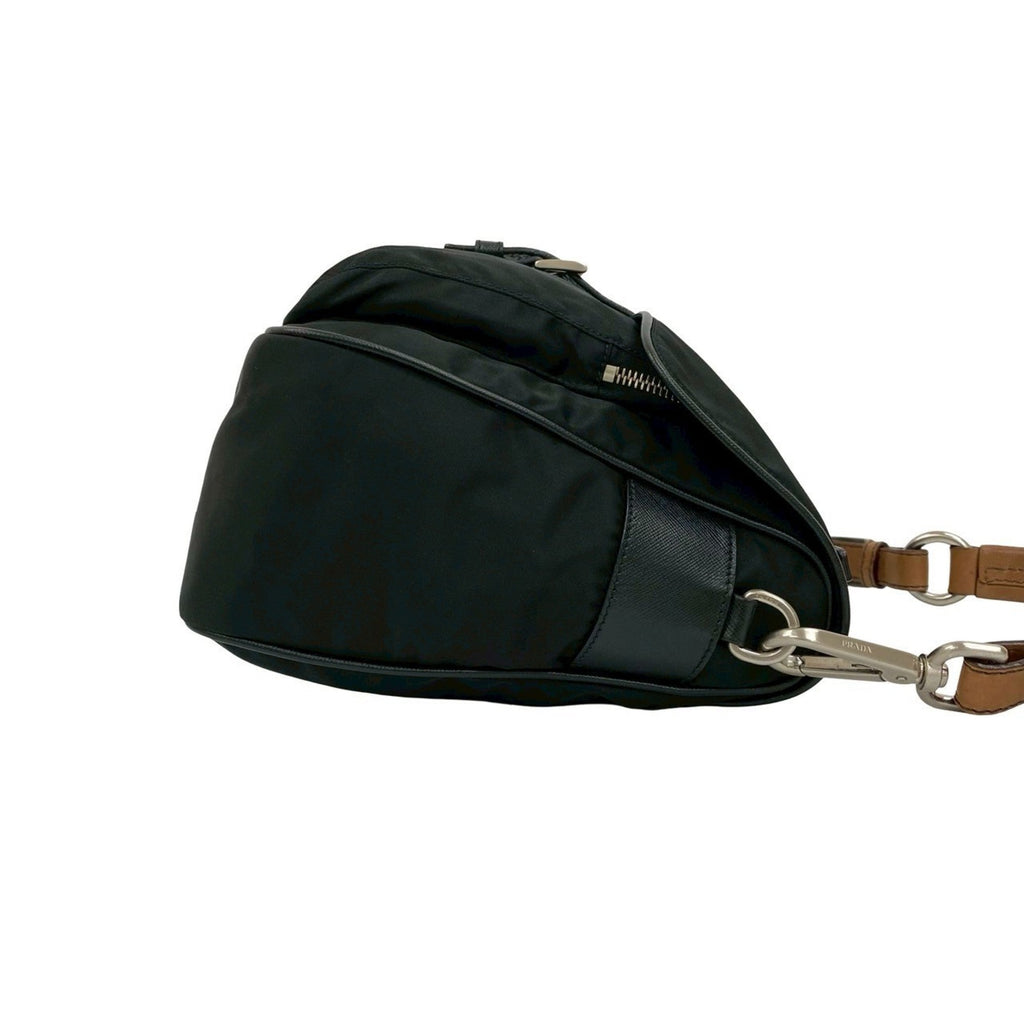 Prada Black Brown Leather Nylon Handbag Shoulder Bag (Pre-Owned)
