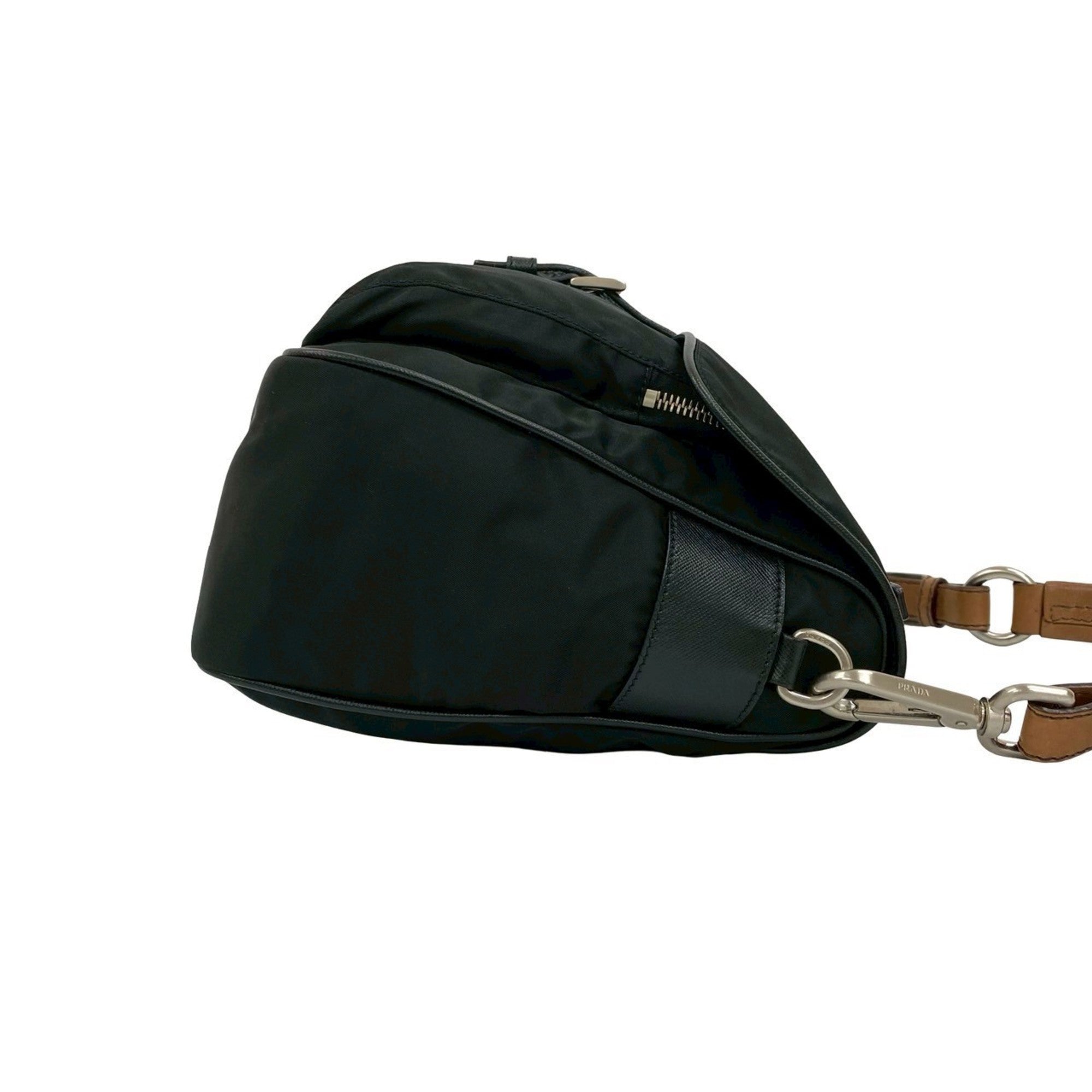Prada Black Brown Leather Nylon Handbag Shoulder Bag (Pre-Owned)