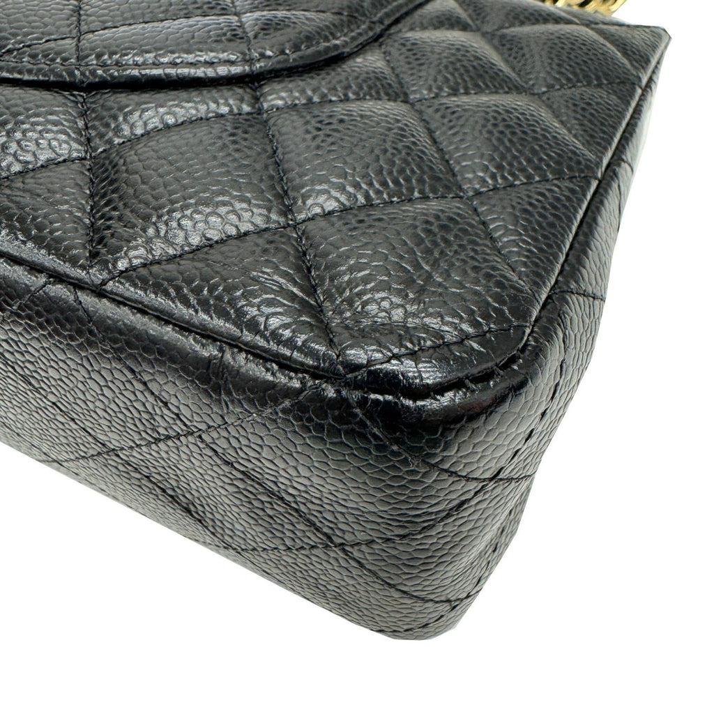 Chanel Gold Black Grained Calfskin Leather Chain/Shoulder Wallet (Pre-Owned)