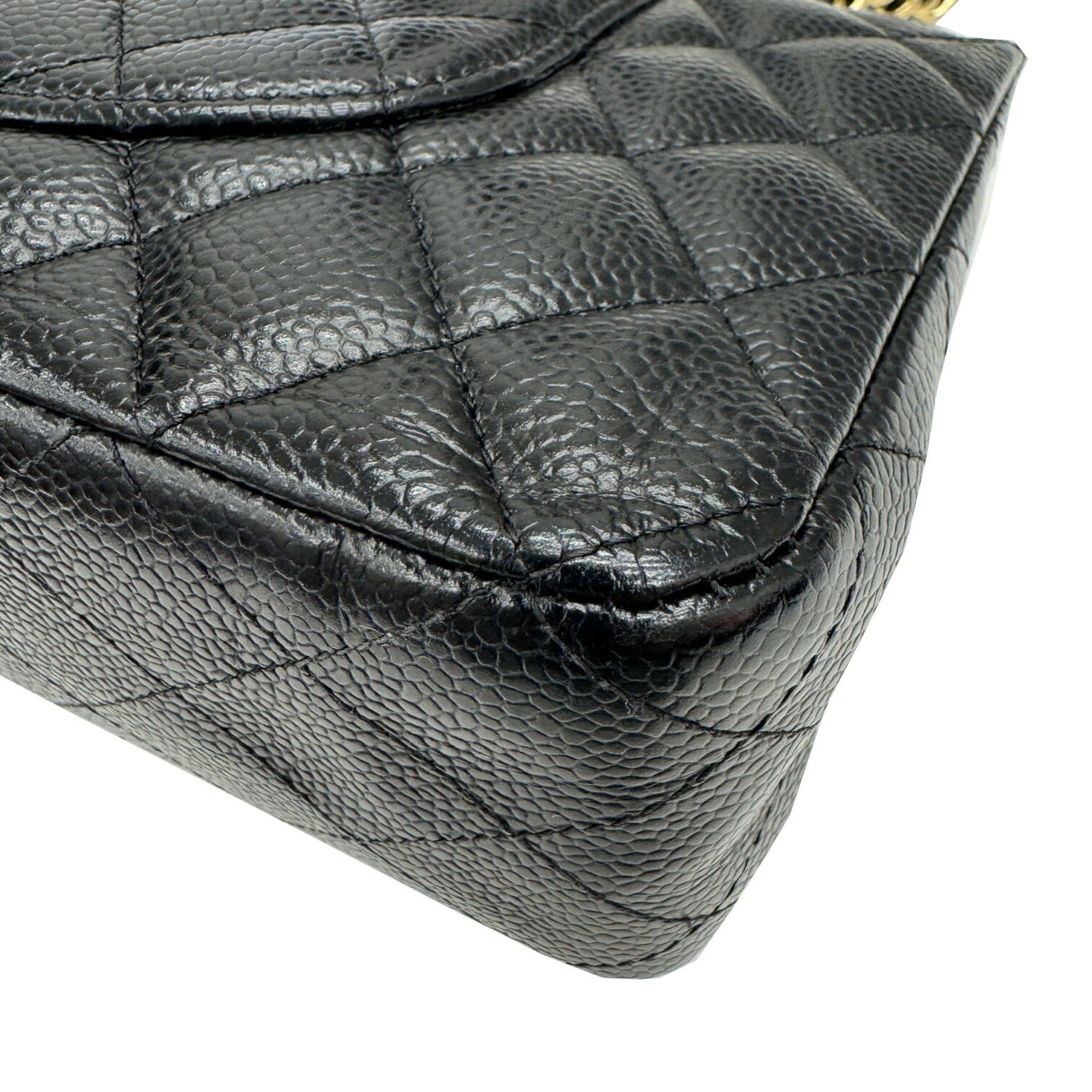 Chanel Gold Black Grained Calfskin Leather Chain/Shoulder Wallet (Pre-Owned)