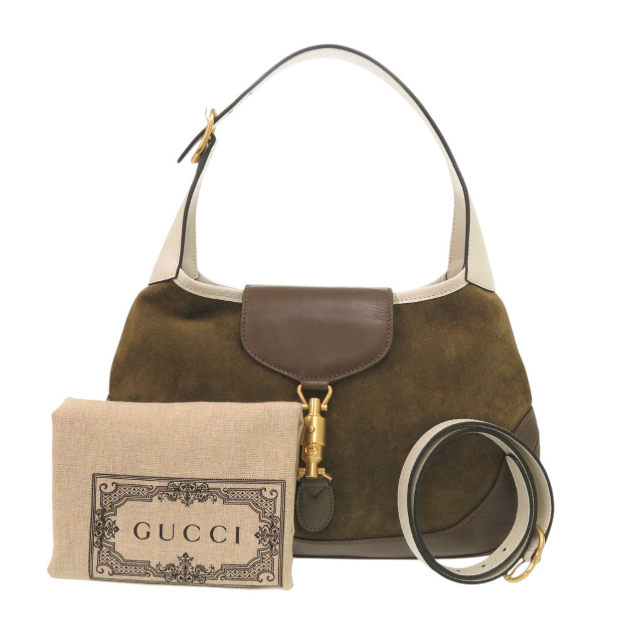 Gucci Brown Ivory Khaki Leather Suede Shoulder Bag (Pre-Owned)
