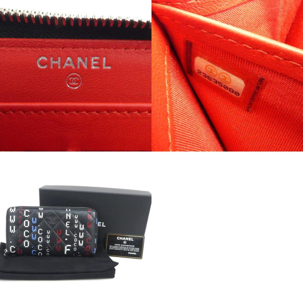 Chanel Black Blue Red Color White Leather Long Wallet (Bi-Fold) (Pre-Owned)