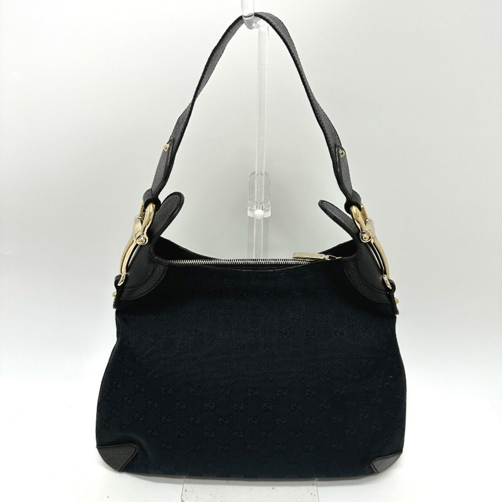 Gucci Horsebit Black Gg Canvas Leather Handbag Shoulder Bag (Pre-Owned)