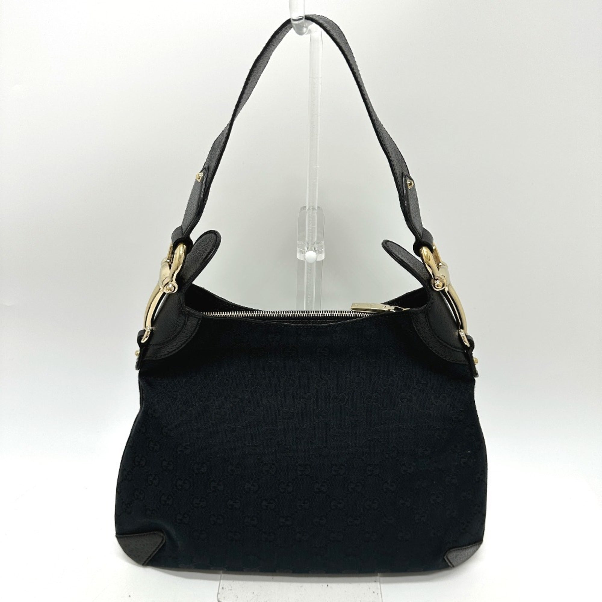 Gucci Horsebit Black Gg Canvas Leather Handbag Shoulder Bag (Pre-Owned)