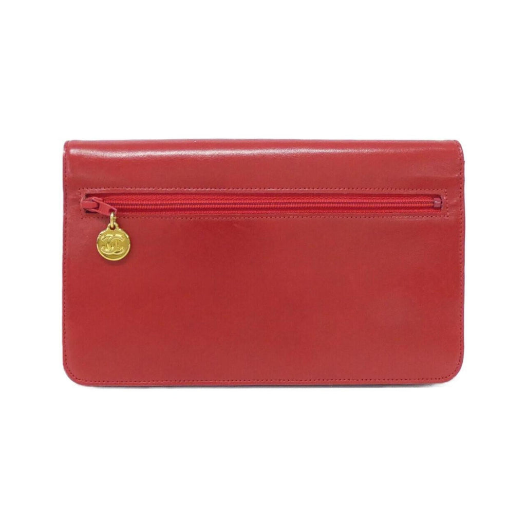 Chanel Red Color Leather Long Wallet (Bi-Fold) (Pre-Owned)