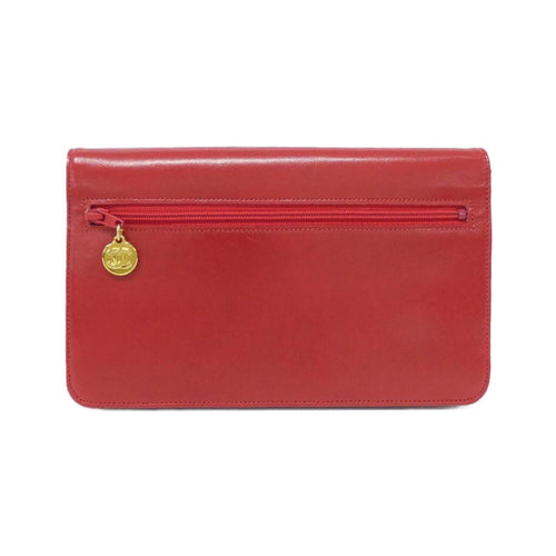 Chanel Red Color Leather Long Wallet (Bi-Fold) (Pre-Owned)