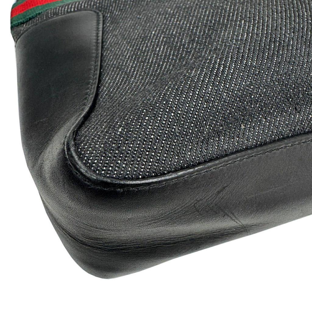 Gucci Sherry Line Black Denim Leather Handbag Tote Bag (Pre-Owned)