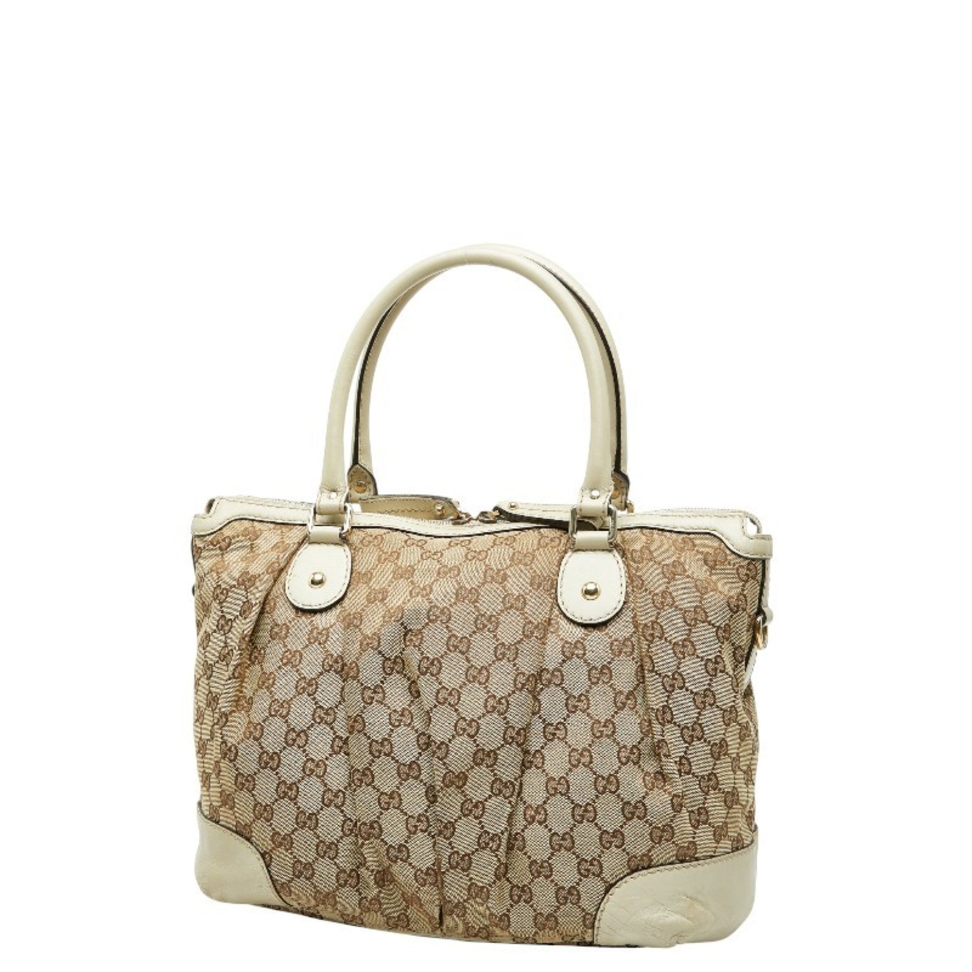 Gucci Beige Brown Canvas Leather Shoulder Bag Tote Bag (Pre-Owned)