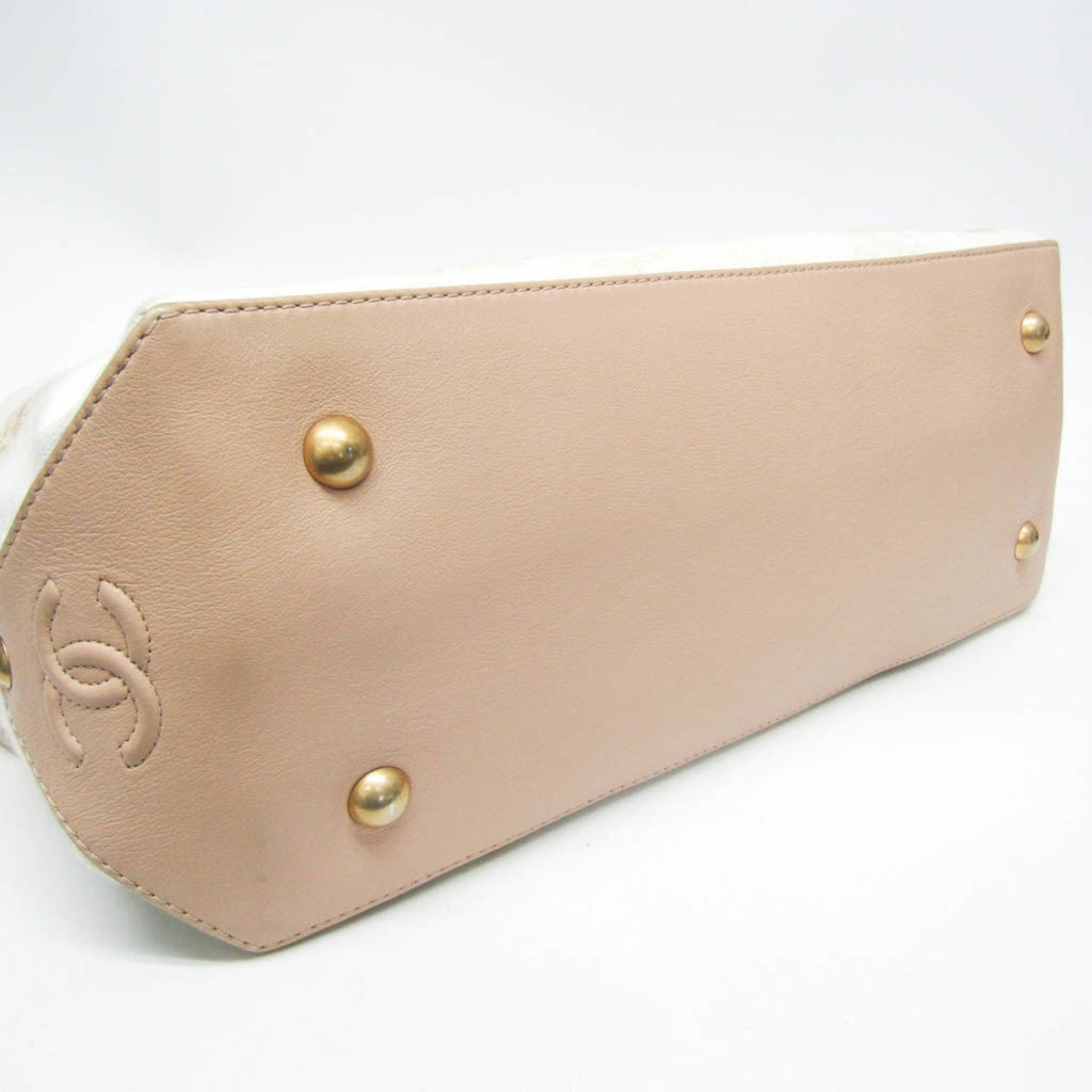 Chanel Multi-Color Pink Beige Canvas Leather Handbag Tote Bag (Pre-Owned)