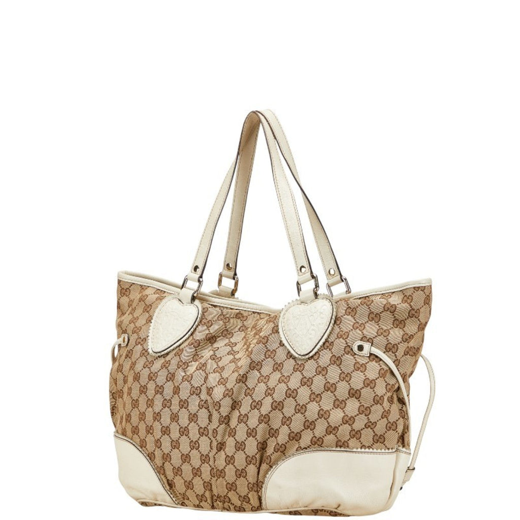 Gucci Gg Canvas Beige White Gg Canvas Leather Shoulder Bag Tote Bag (Pre-Owned)