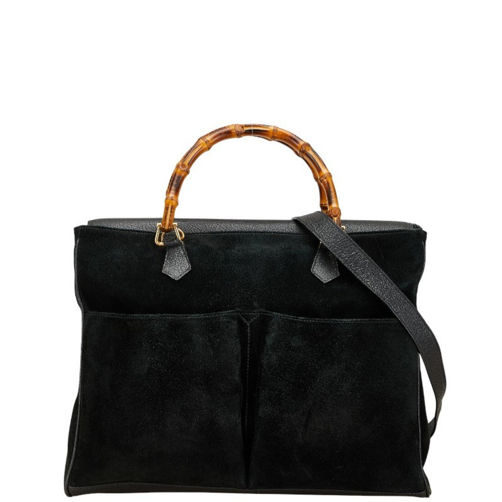Gucci Bamboo Black Suede Leather Shoulder Bag Tote Bag (Pre-Owned)