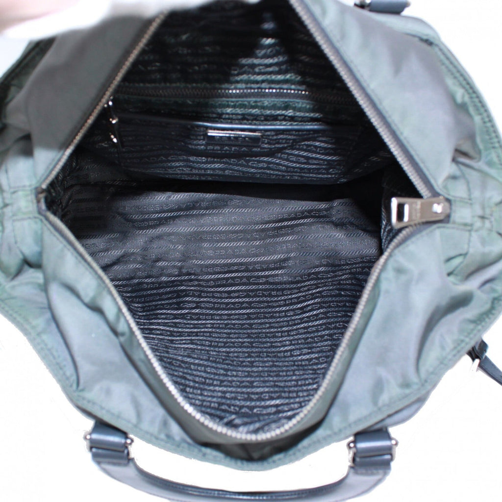 Prada Gray Khaki Nylon Leather Tote Bag (Pre-Owned)