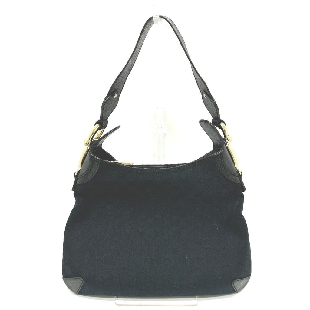 Gucci Horsebit Black Gg Canvas Leather Handbag Shoulder Bag (Pre-Owned)
