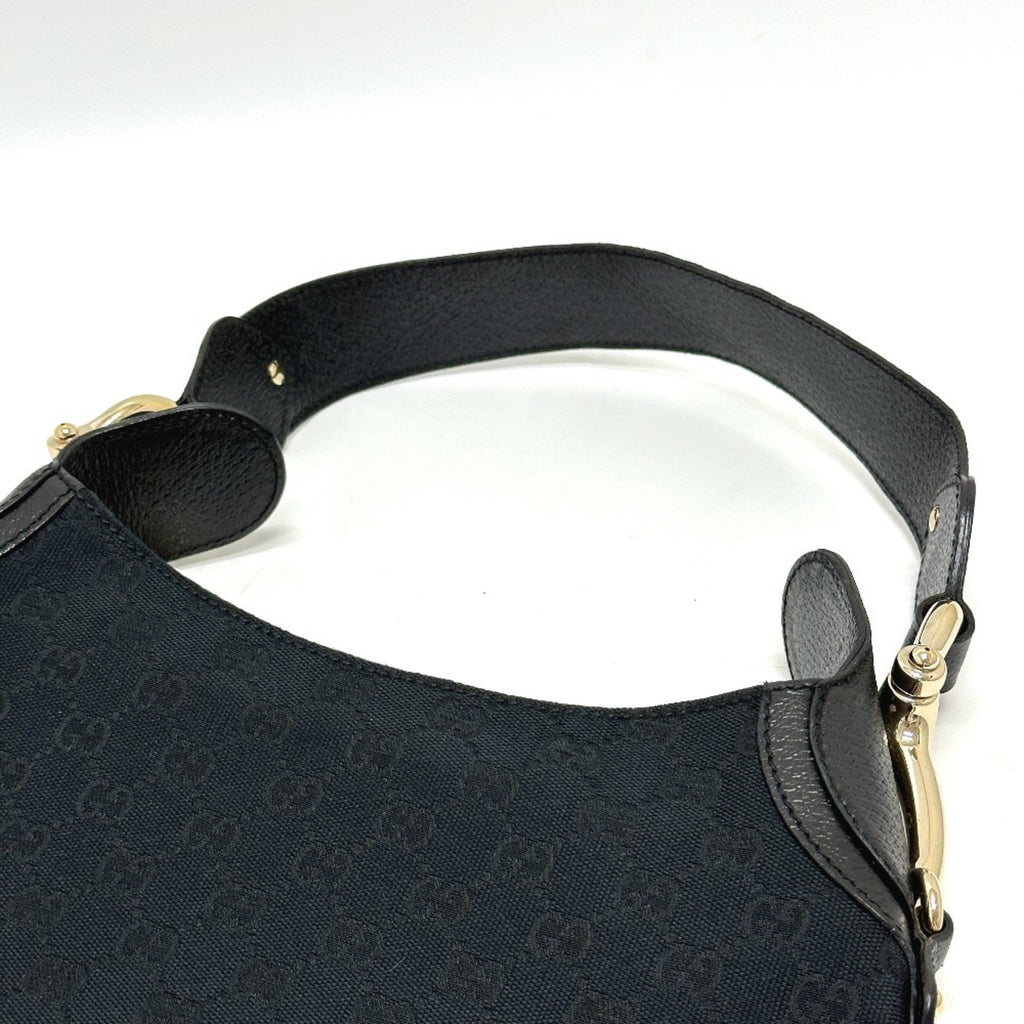 Gucci Horsebit Black Gg Canvas Leather Handbag Shoulder Bag (Pre-Owned)
