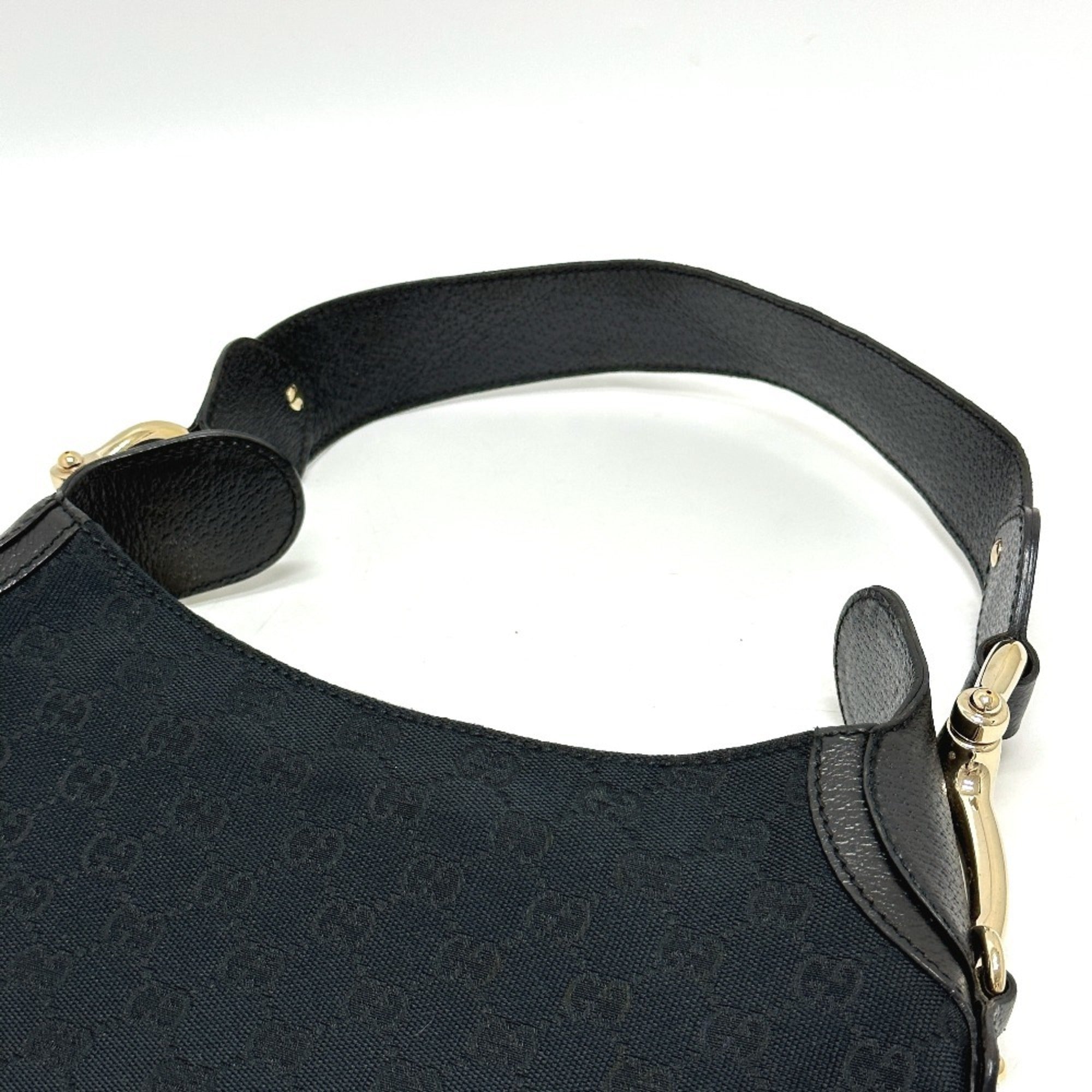 Gucci Horsebit Black Gg Canvas Leather Handbag Shoulder Bag (Pre-Owned)