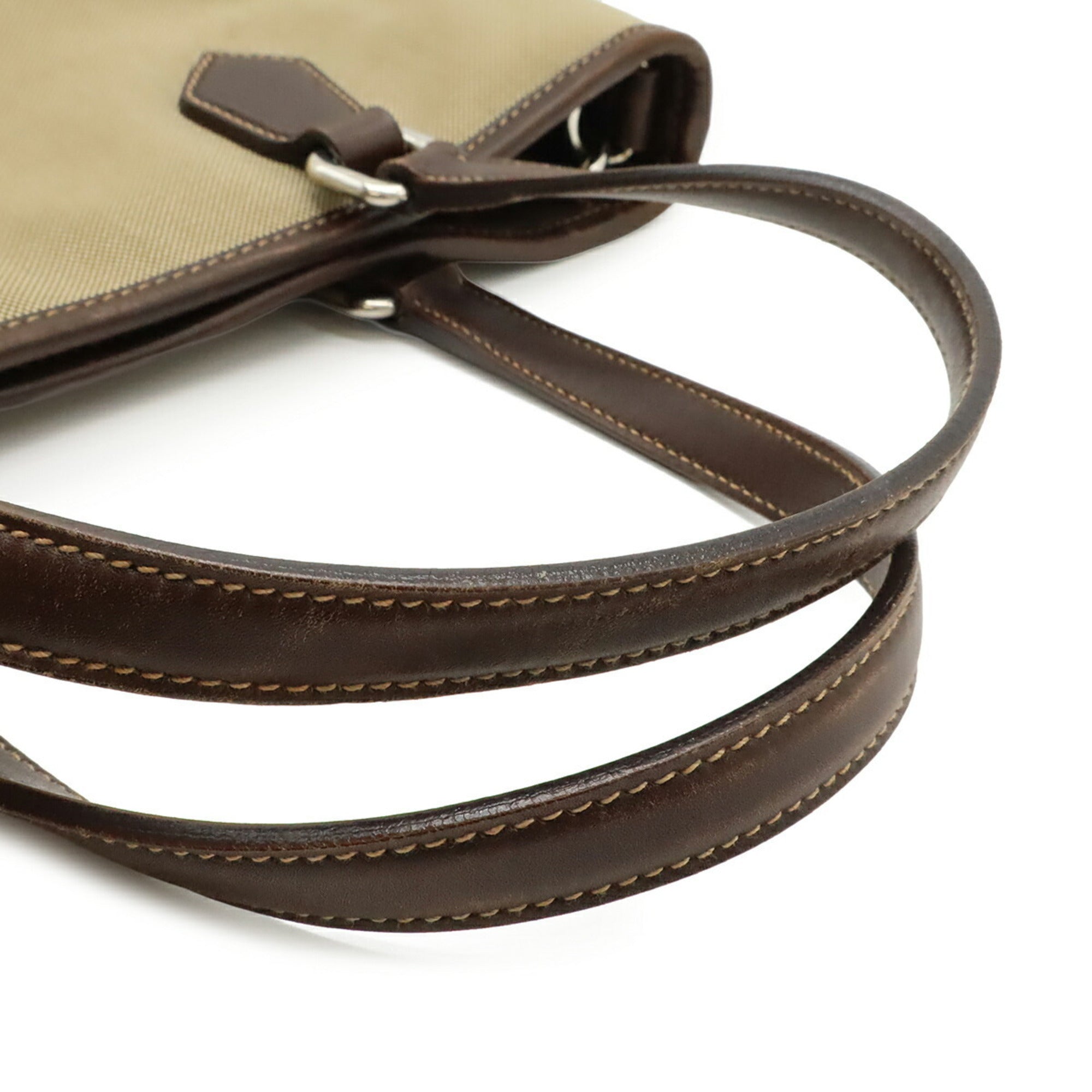 Prada Beige Dark Brown Khaki Canvas Leather Handbag Shoulder Bag (Pre-Owned)