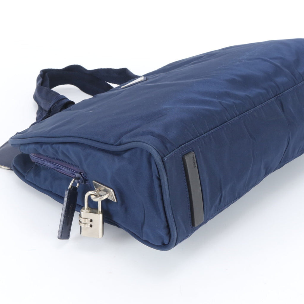 Prada Blue Nylon Leather Briefcase Handbag Tote Bag (Pre-Owned)