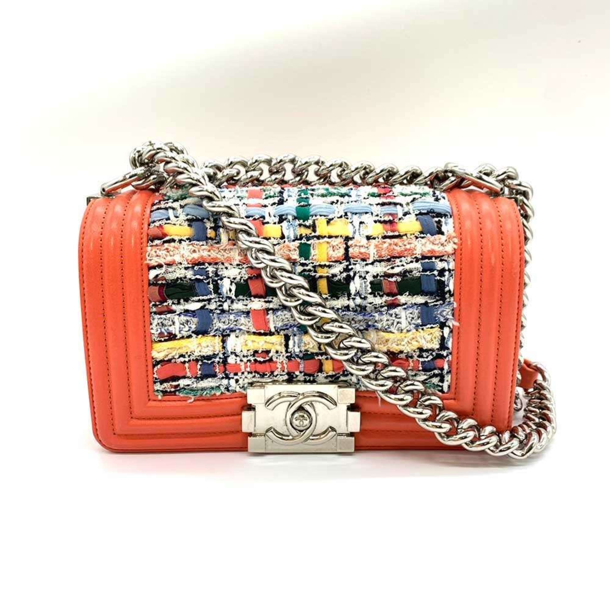 Chanel Boy Chanel Coral Orange Multi-Color Tweed Leather Shoulder Bag (Pre-Owned)