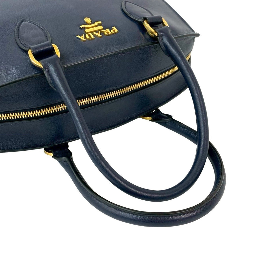 Prada Navy Leather Boston Bag Handbag Shoulder Bag (Pre-Owned)