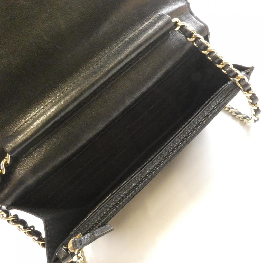 Chanel Beige Black Leather Chain/Shoulder Wallet (Pre-Owned)