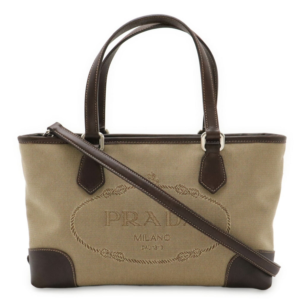 Prada Beige Dark Brown Khaki Canvas Leather Handbag Shoulder Bag (Pre-Owned)