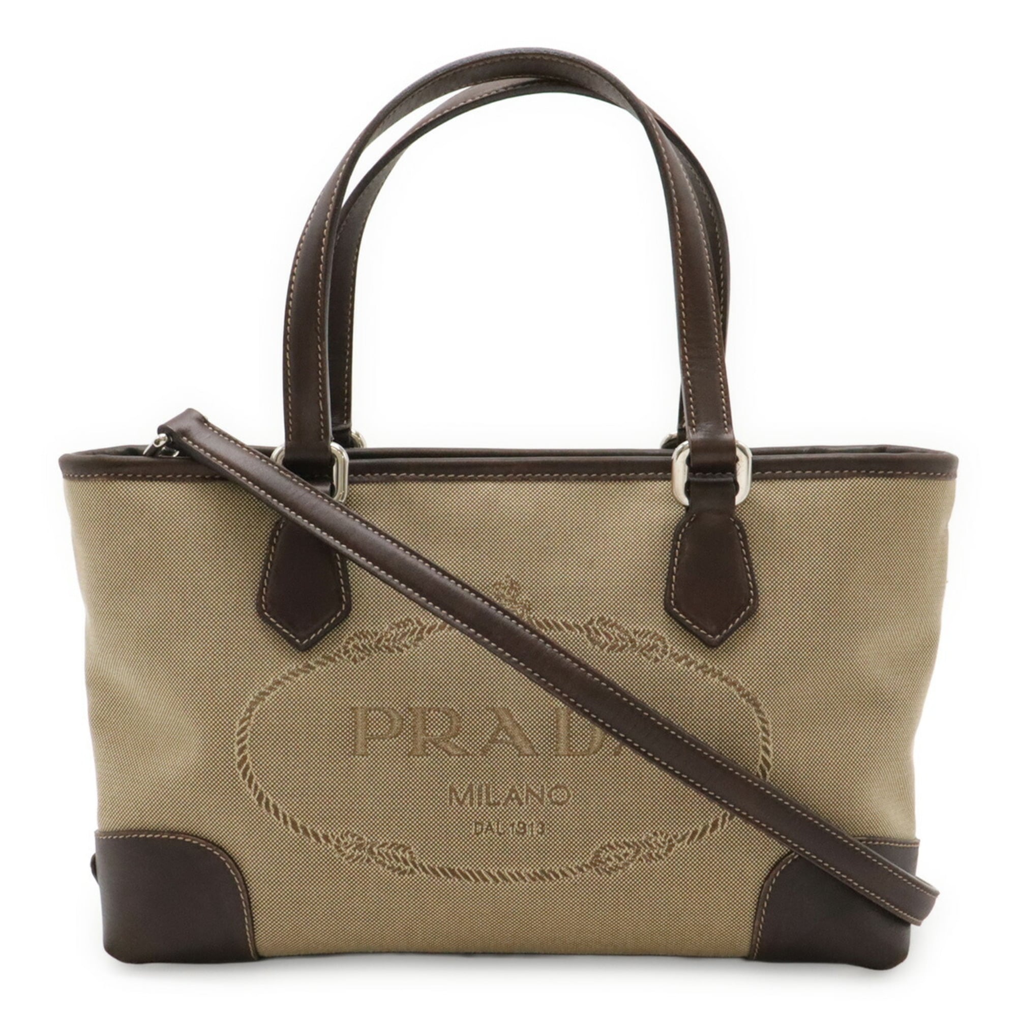 Prada Beige Dark Brown Khaki Canvas Leather Handbag Shoulder Bag (Pre-Owned)
