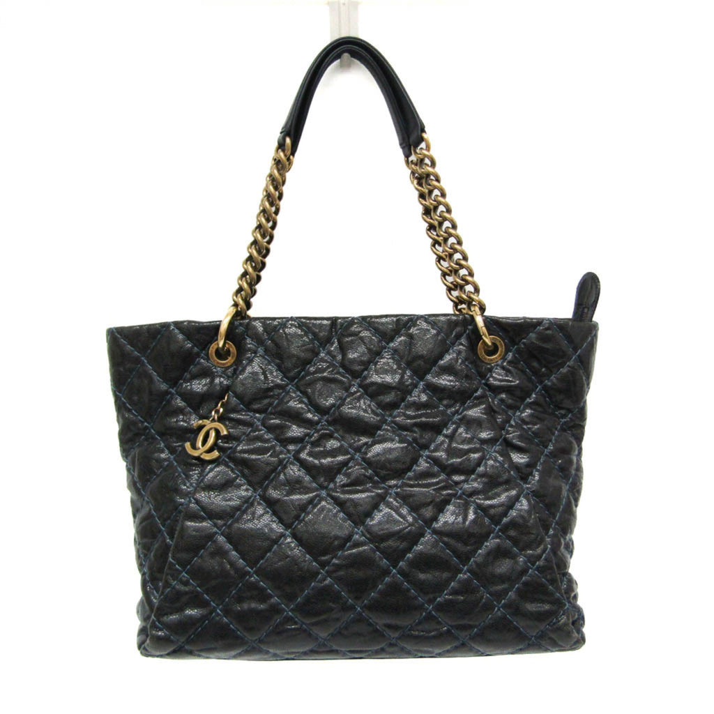 Chanel Matelasse Black Navy Grained Calfskin Tote Bag (Pre-Owned)