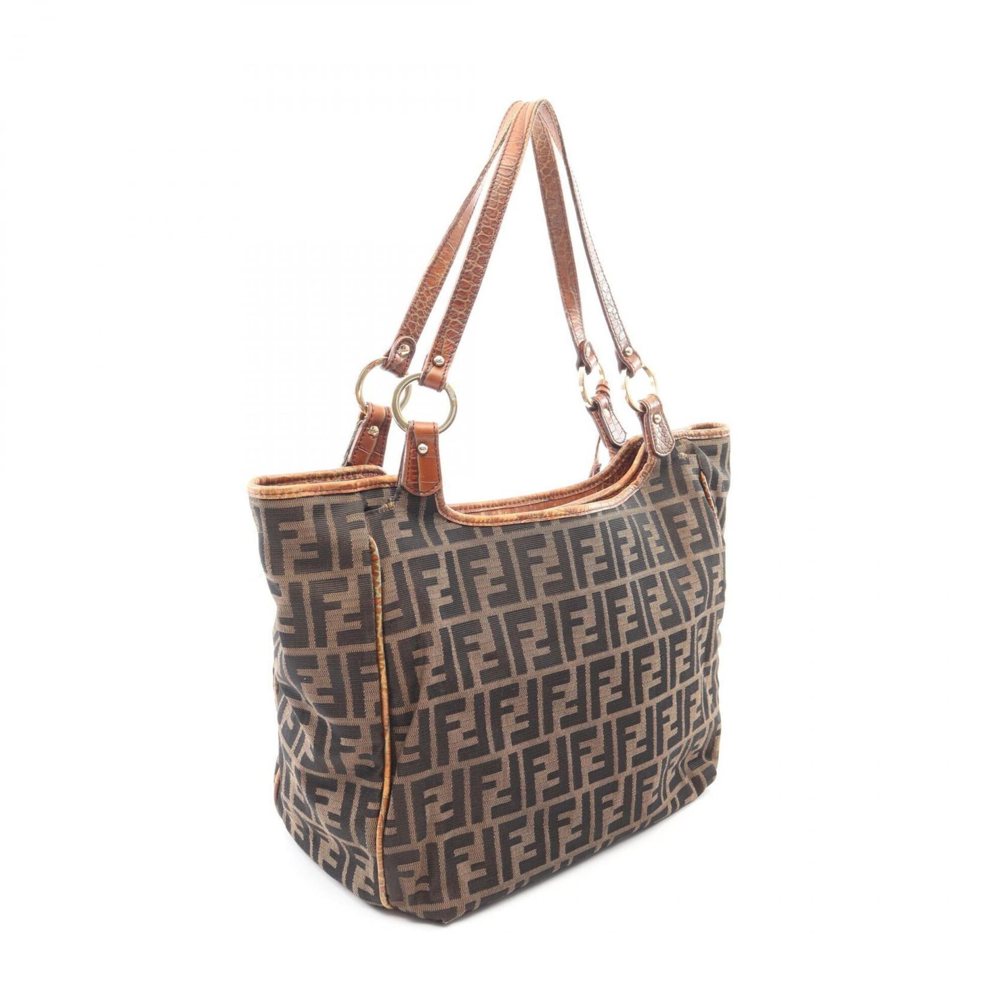 Fendi Brown Leather Nylon Canvas Handbag Tote Bag (Pre-Owned)