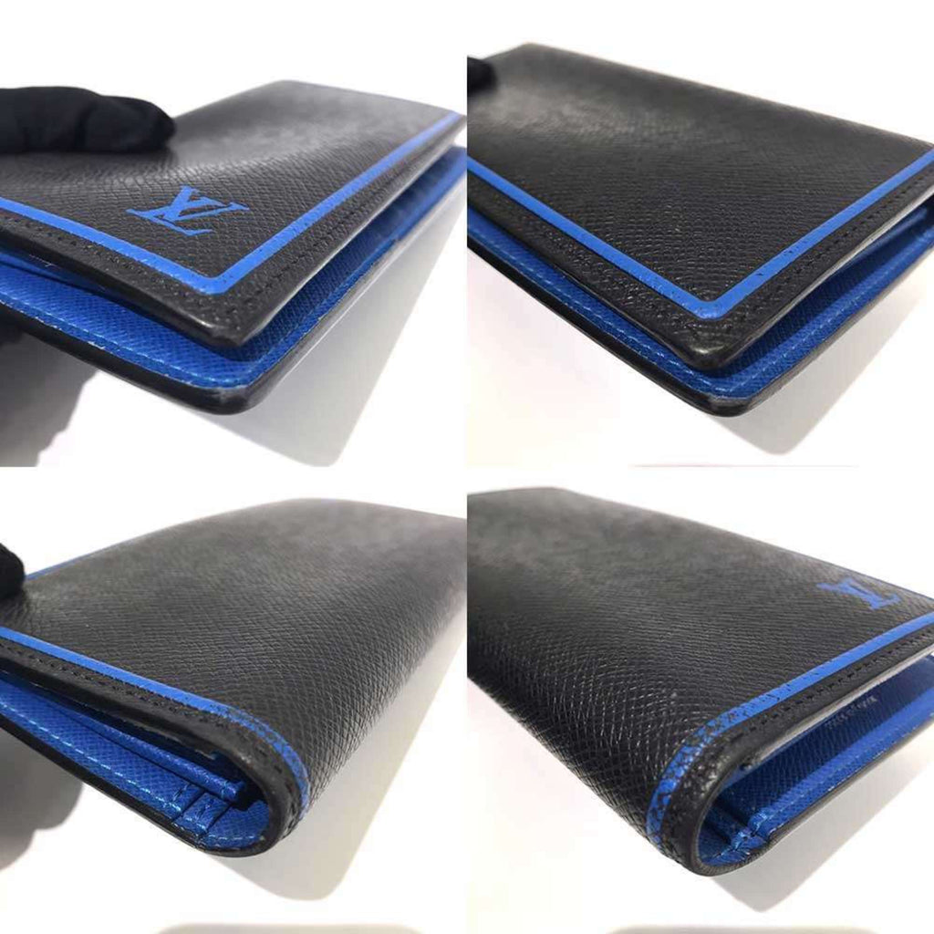 Louis Vuitton Black Blue Taiga Leather Long Wallet (Bi-Fold) (Pre-Owned)