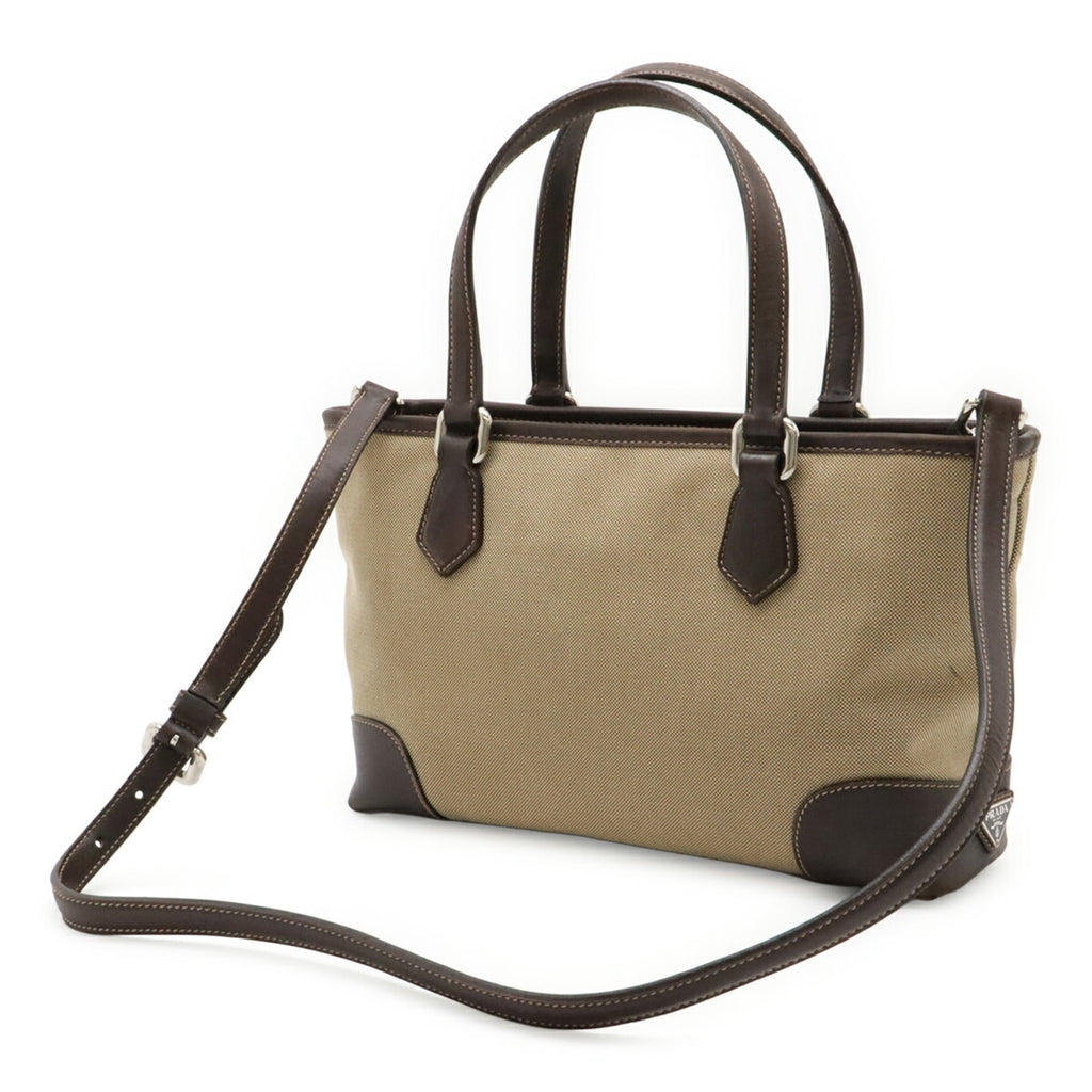 Prada Beige Dark Brown Khaki Canvas Leather Handbag Shoulder Bag (Pre-Owned)