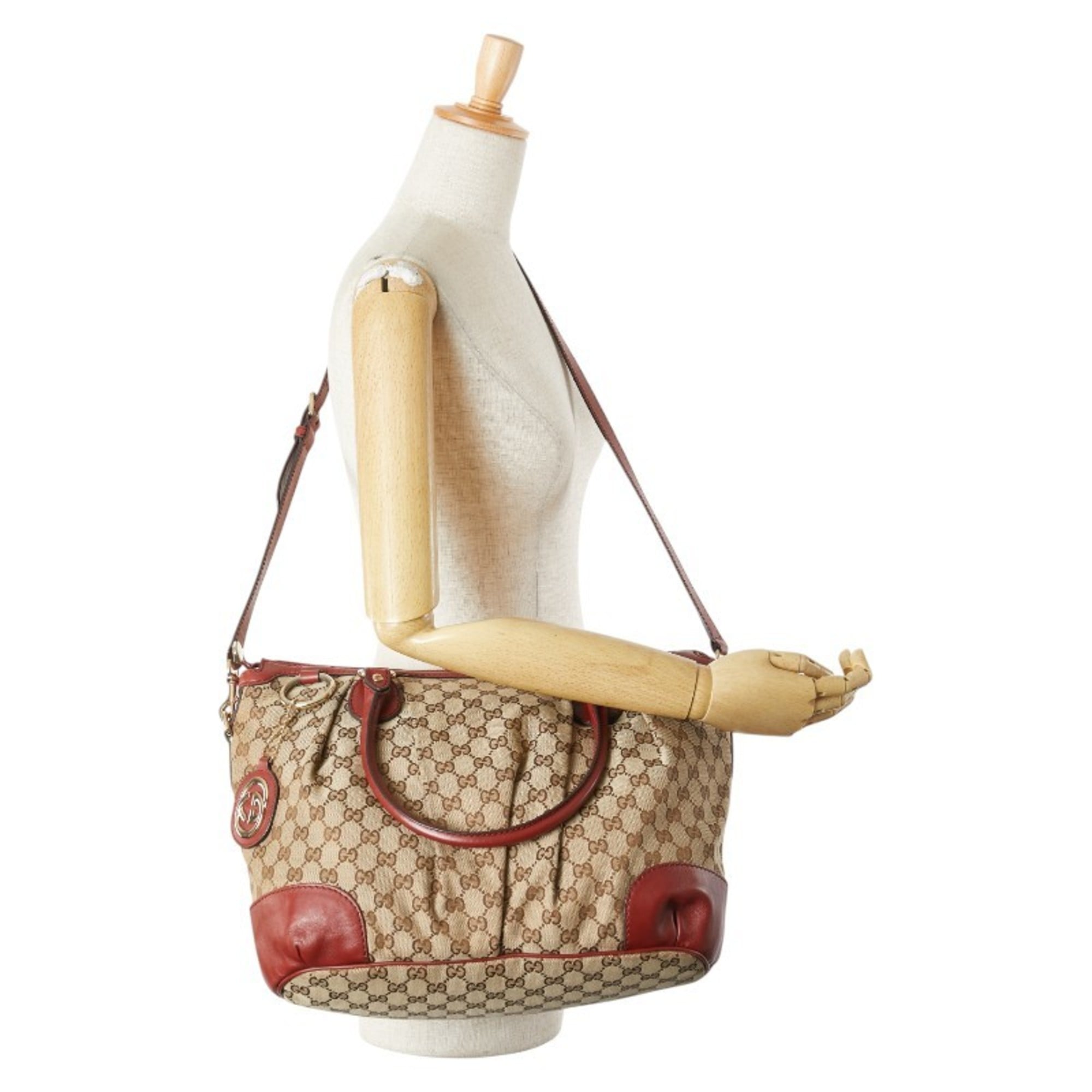 Gucci Beige Red Color Canvas Leather Shoulder Bag Tote Bag (Pre-Owned)