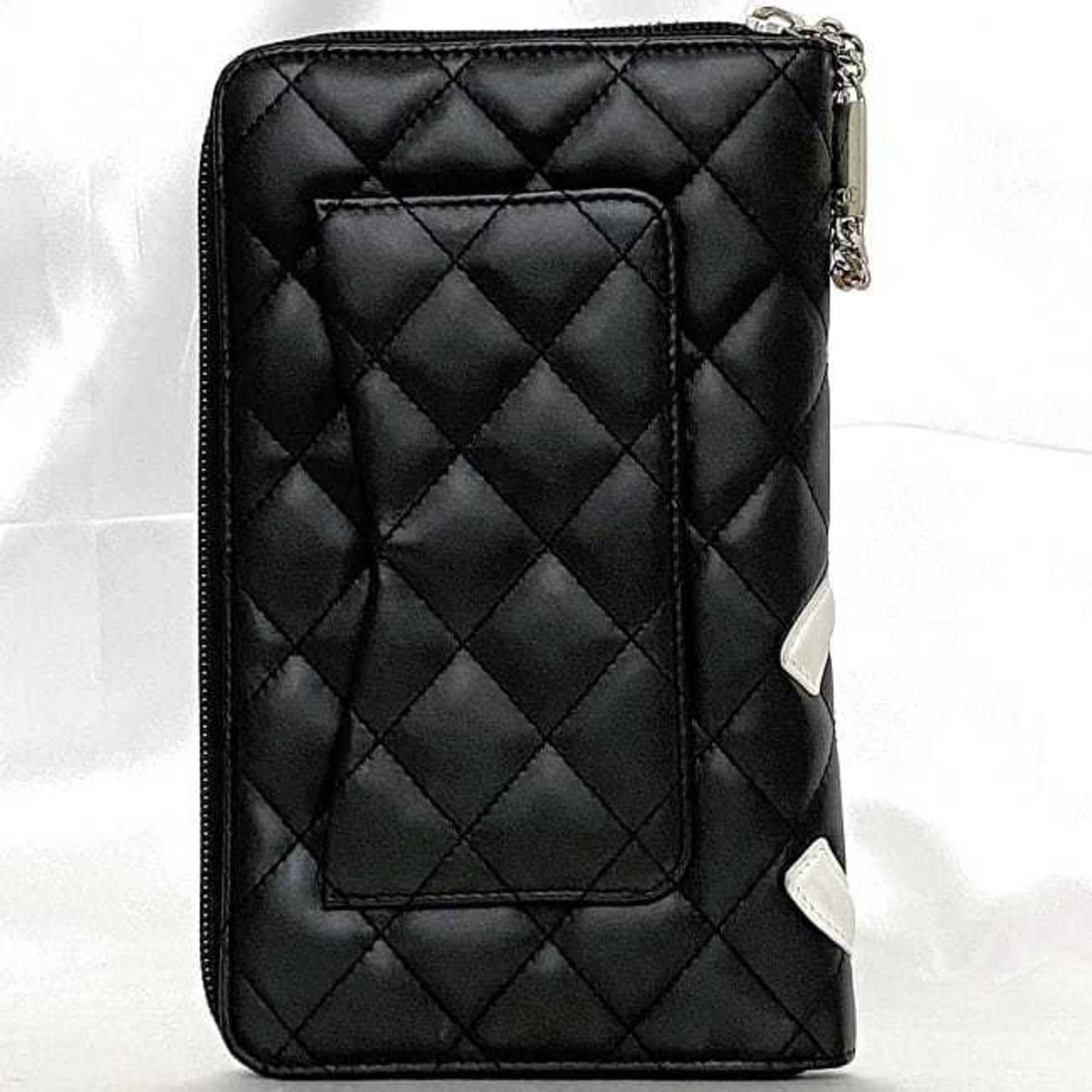 Chanel Black White Leather Long Wallet (Bi-Fold) (Pre-Owned)