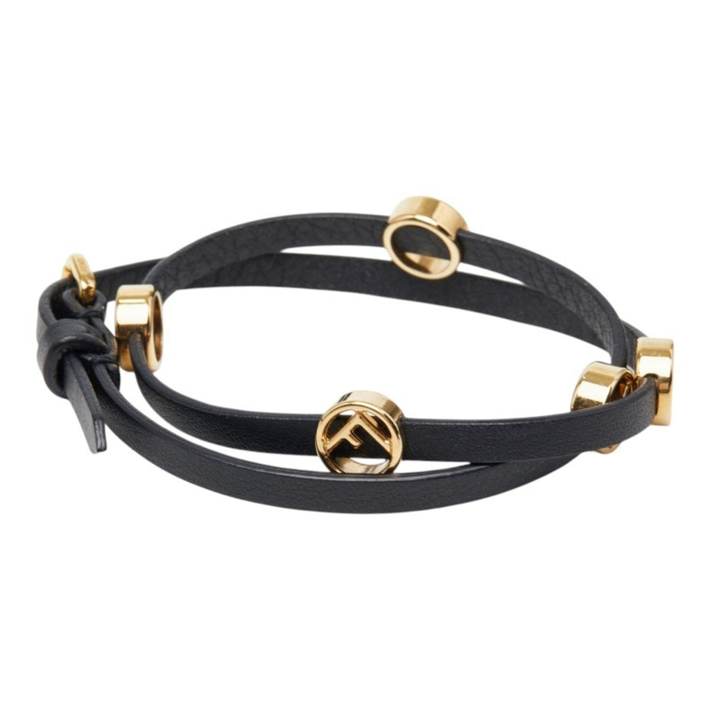 Fendi Gold Black Leather Charm Bracelet (Pre-Owned)