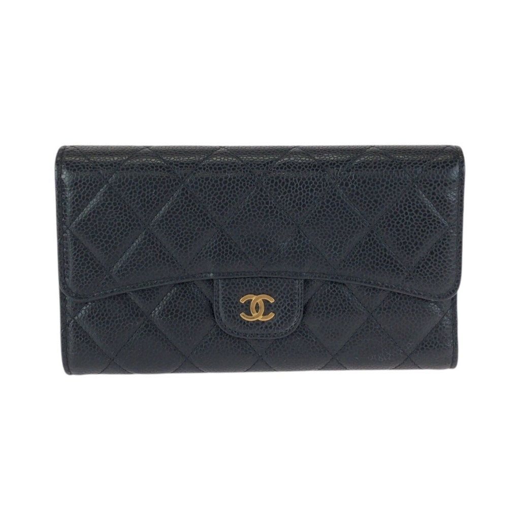 Chanel Black Grained Calfskin Long Wallet (Tri-Fold) (Pre-Owned)