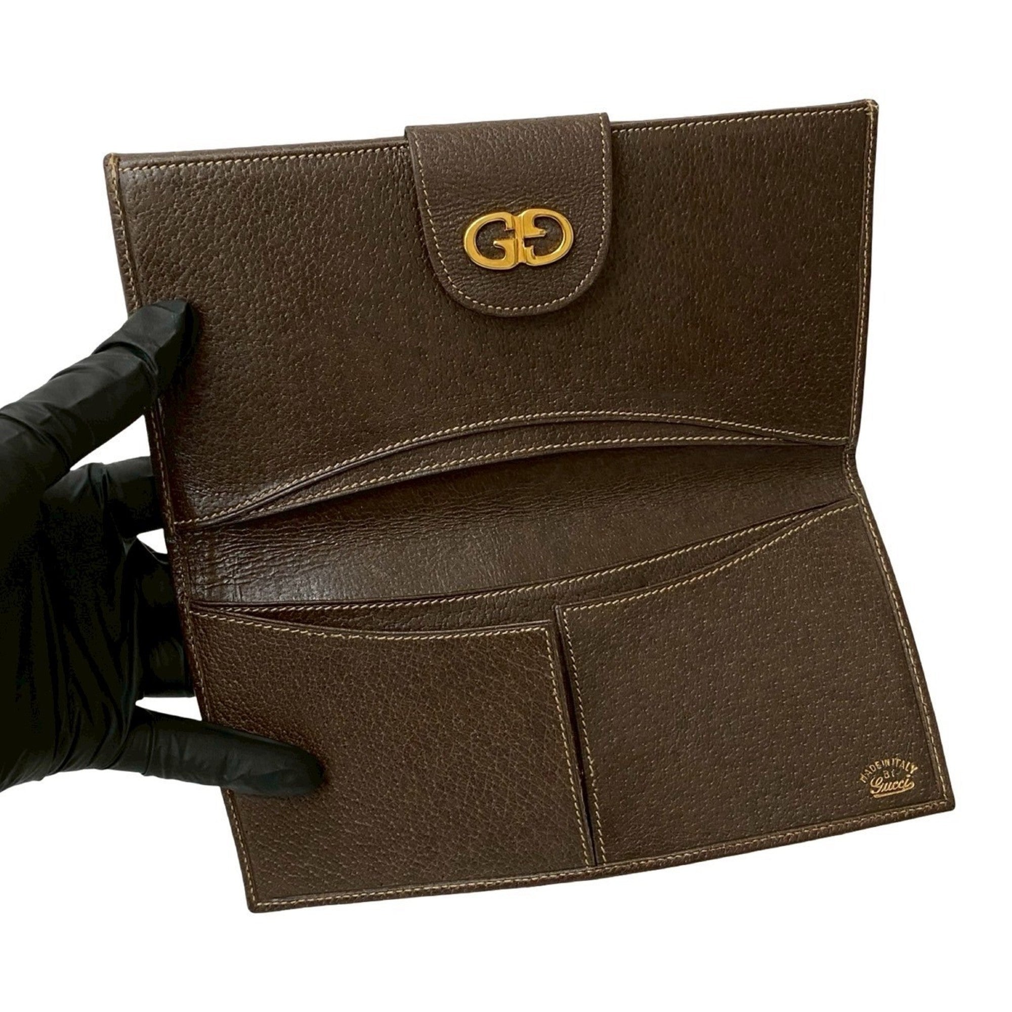 Gucci Brown Green Red Color Leather Canvas Long Wallet (Bi-Fold) (Pre-Owned)