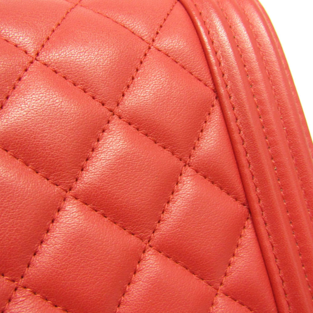 Chanel North South Boy Flap Bag Quilted Calfskin Red Leather Shoulder Bag Bag (Pre-Owned)