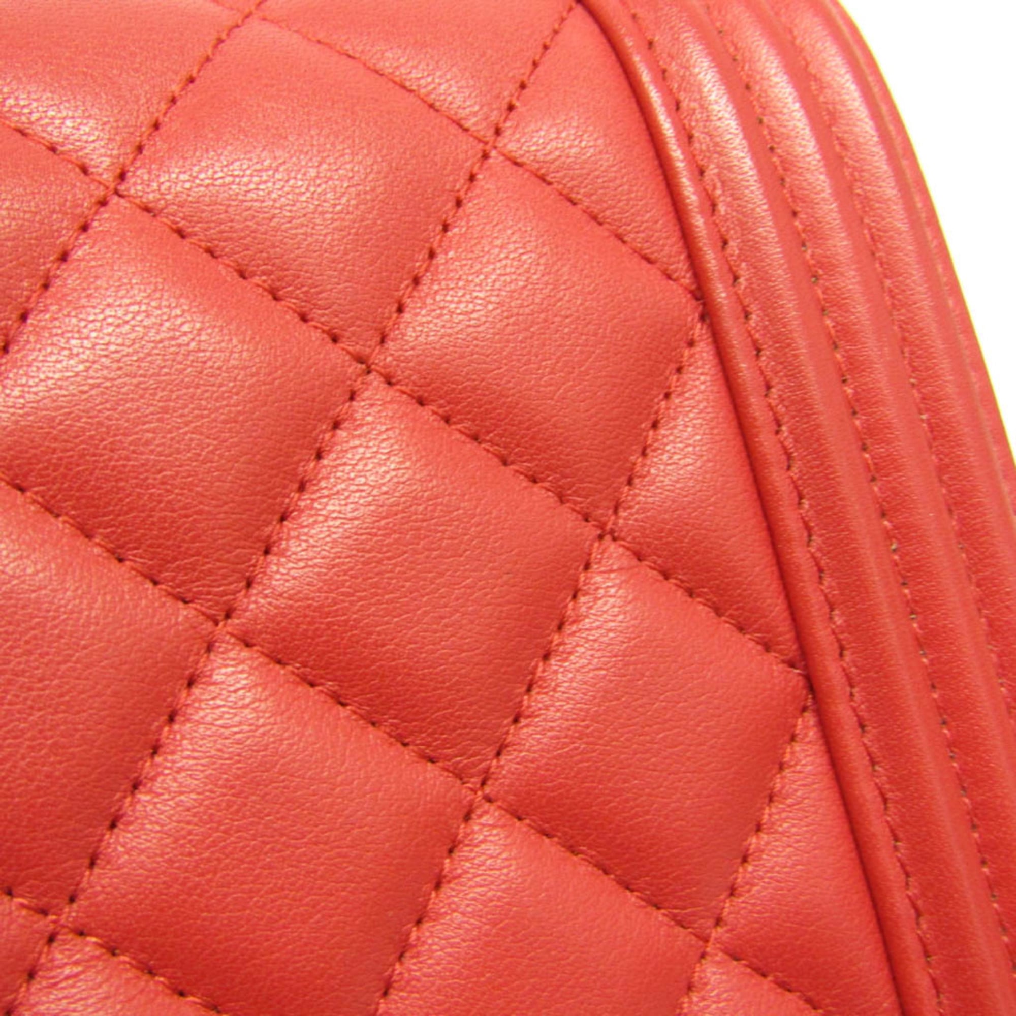 Chanel North South Boy Flap Bag Quilted Calfskin Red Leather Shoulder Bag Bag (Pre-Owned)