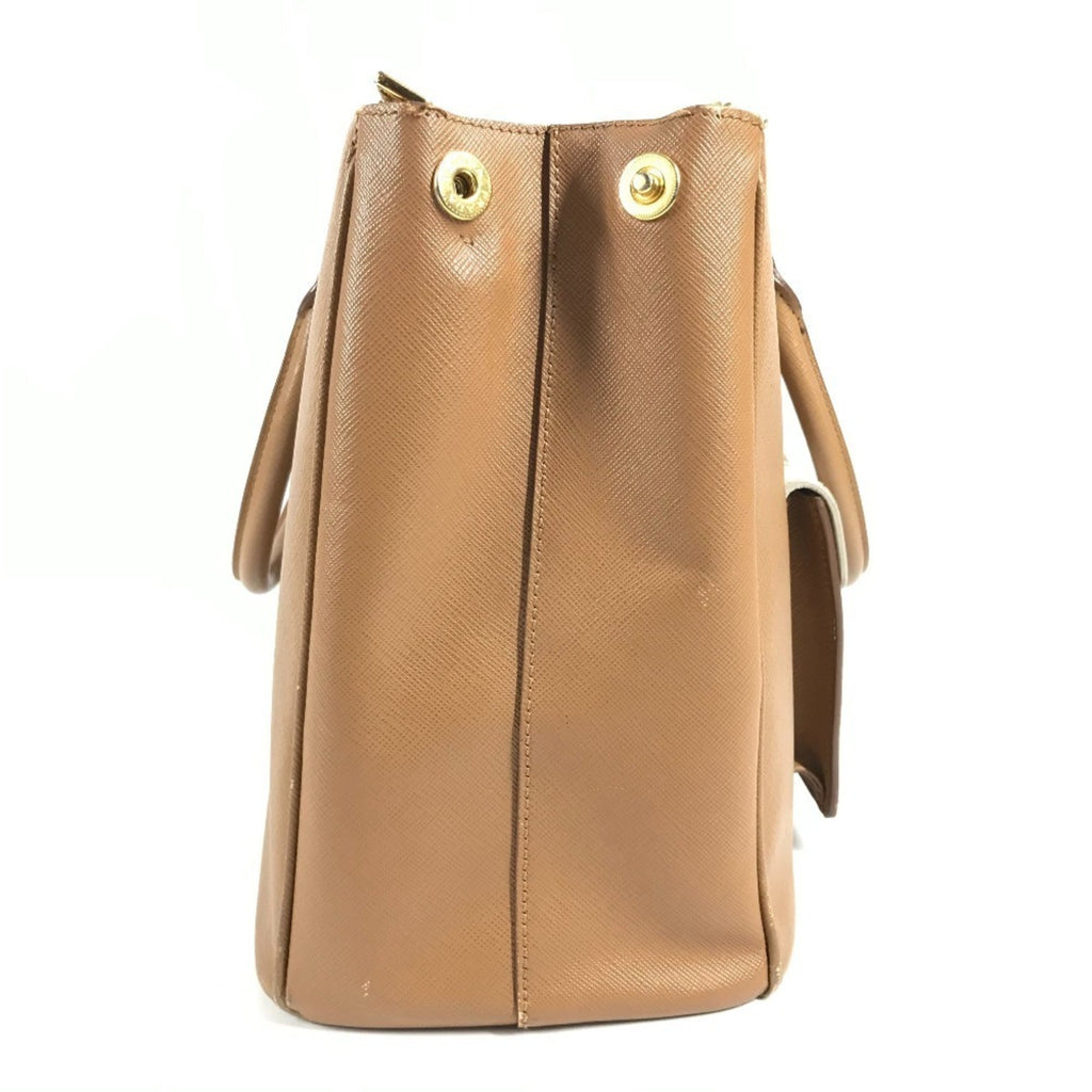 Prada Brown White Saffiano Handbag Tote Bag (Pre-Owned)