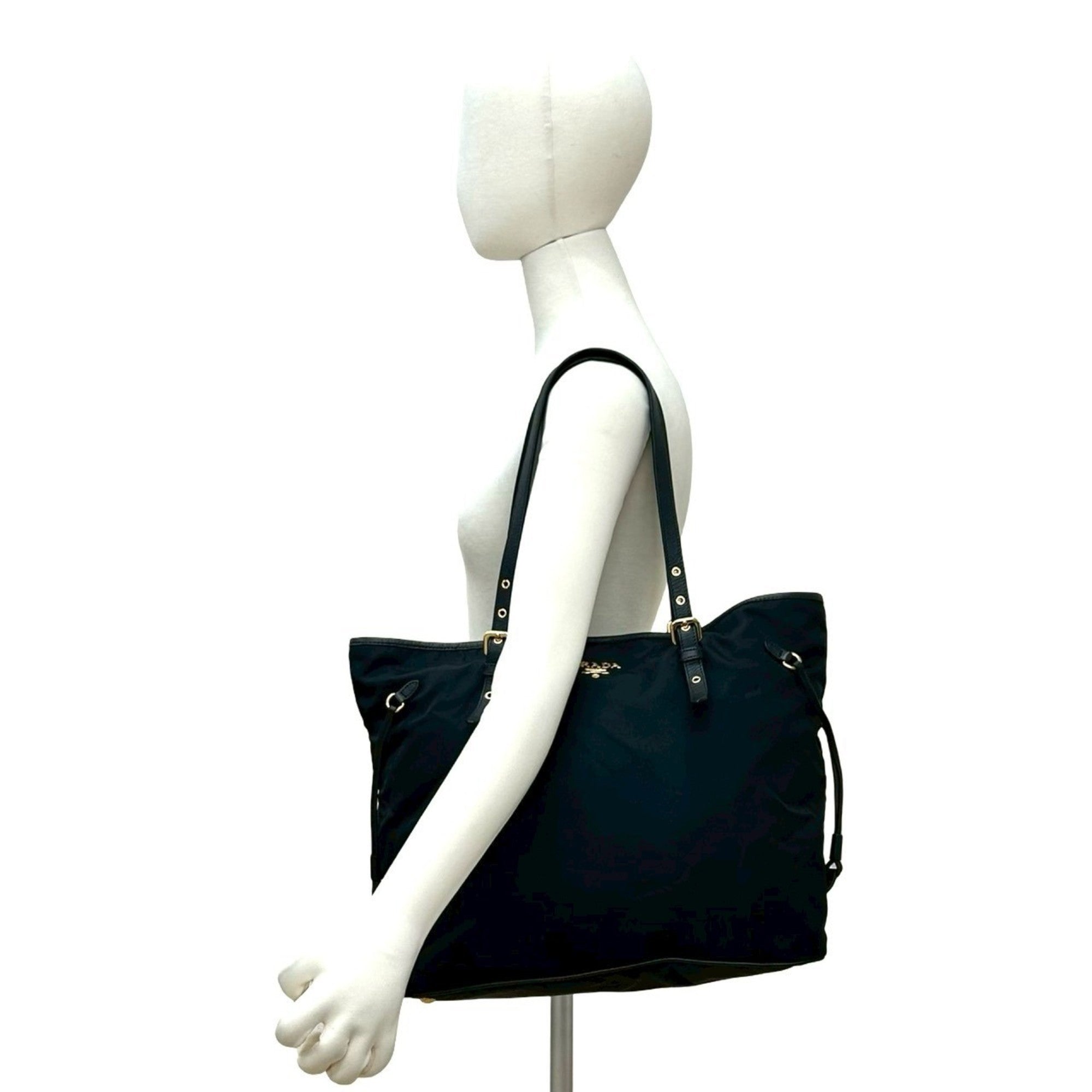 Prada Black Nylon Leather Shoulder Bag Tote Bag (Pre-Owned)