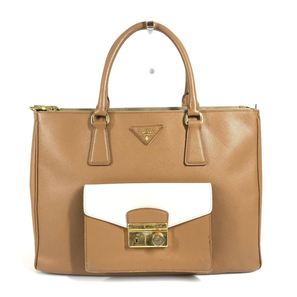 Prada Brown White Saffiano Handbag Tote Bag (Pre-Owned)