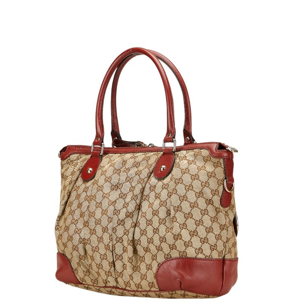 Gucci Beige Red Color Canvas Leather Shoulder Bag Tote Bag (Pre-Owned)