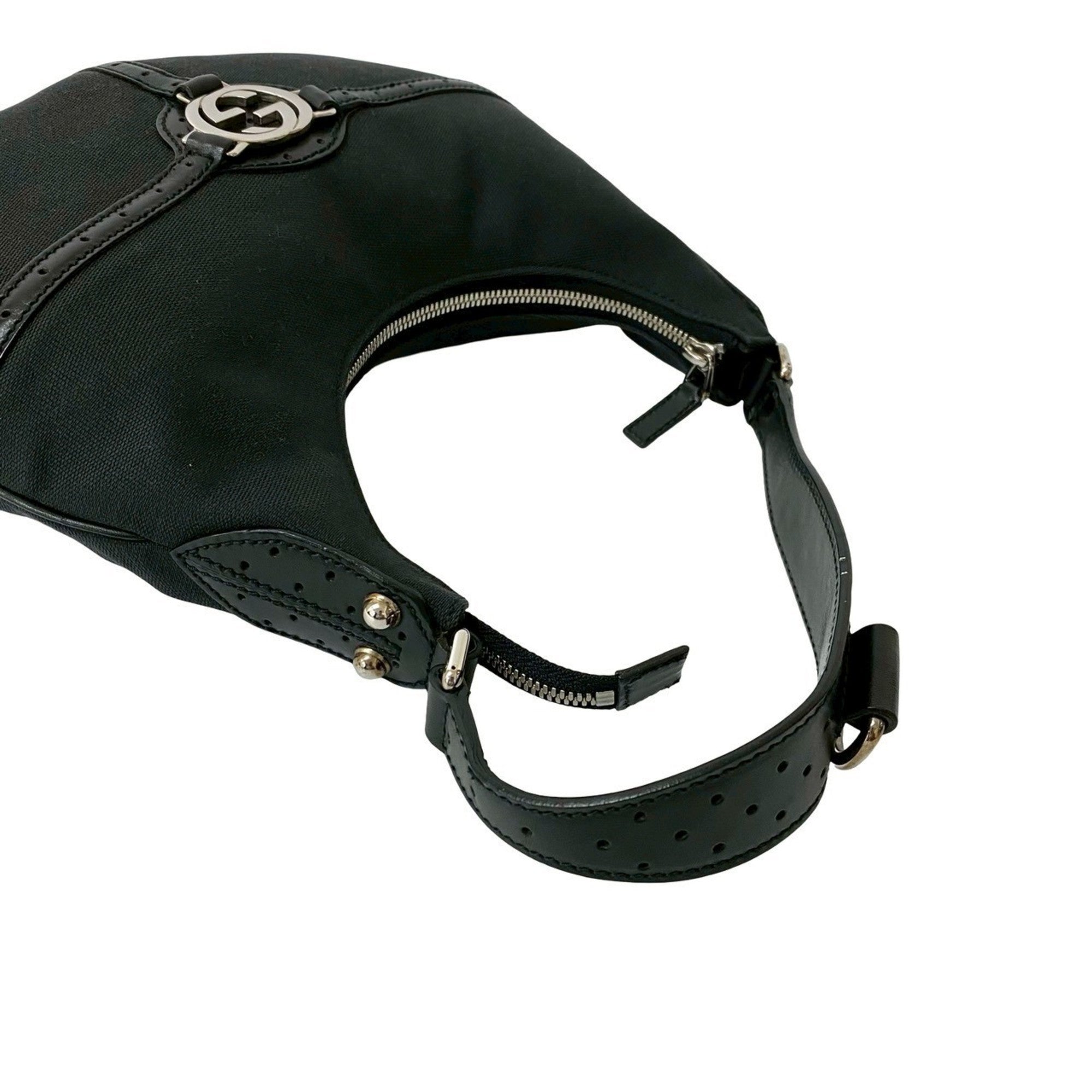 Gucci Black Leather Canvas Handbag Shoulder Bag (Pre-Owned)