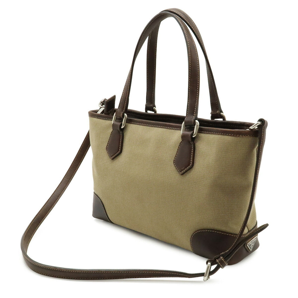 Prada Beige Dark Brown Khaki Canvas Leather Handbag Shoulder Bag (Pre-Owned)