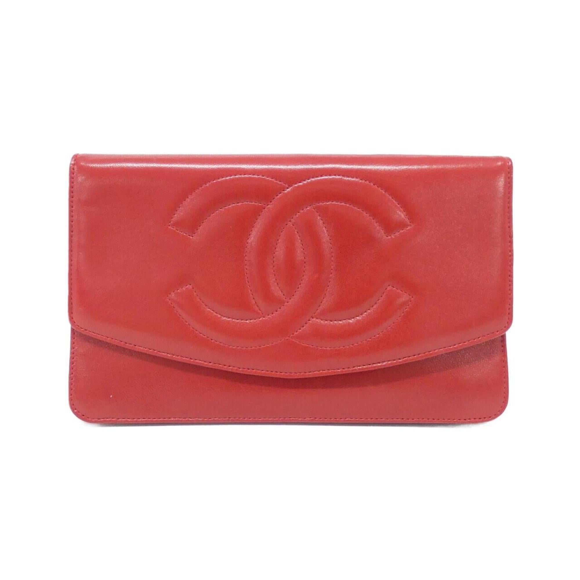 Chanel Red Color Leather Long Wallet (Bi-Fold) (Pre-Owned)