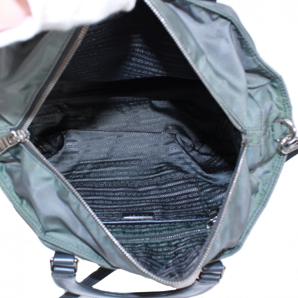 Prada Gray Khaki Nylon Leather Tote Bag (Pre-Owned)