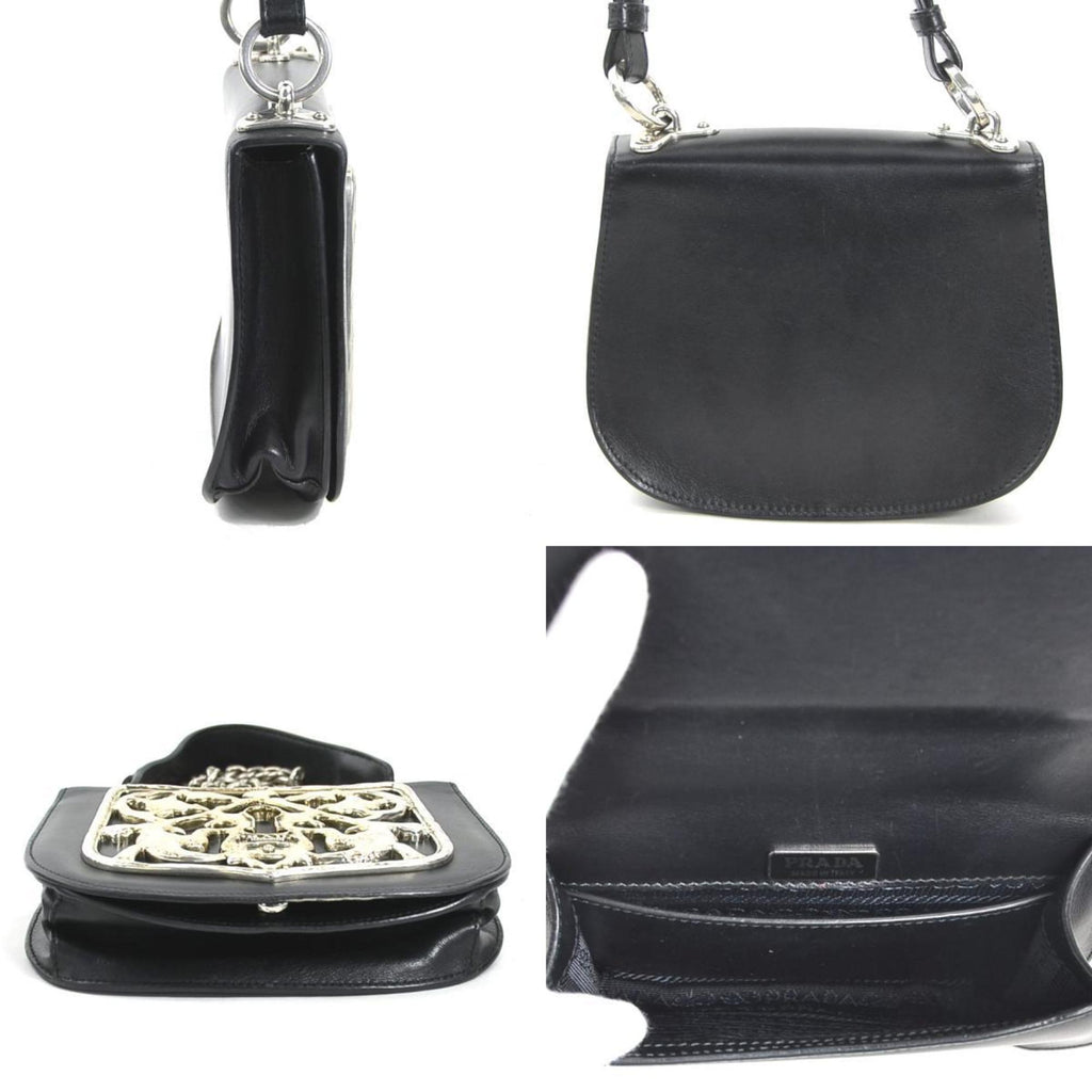 Prada Black Leather Metal Shoulder Bag (Pre-Owned)