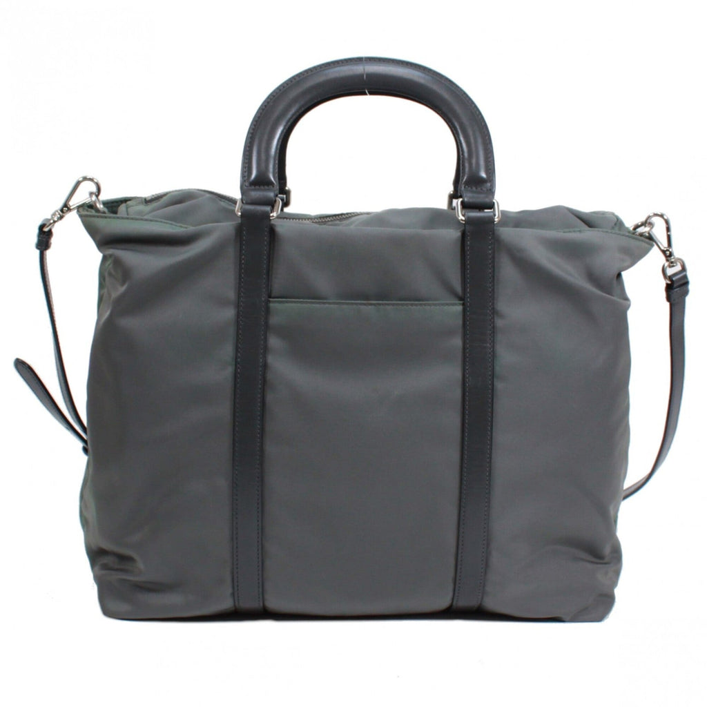 Prada Gray Khaki Nylon Leather Tote Bag (Pre-Owned)