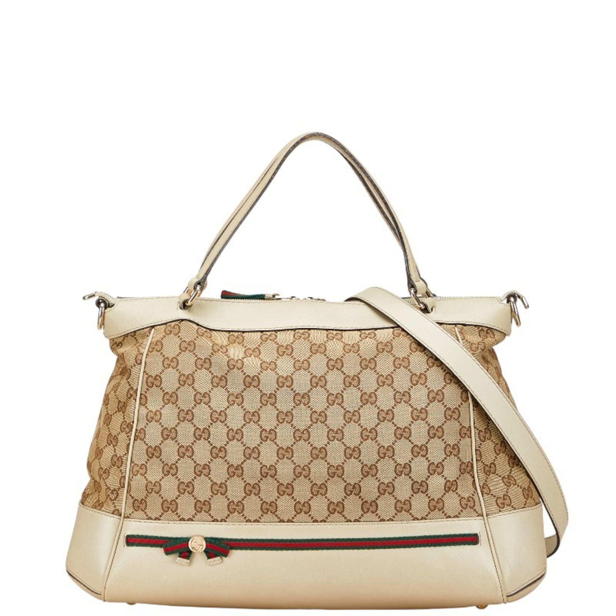Gucci Gg Canvas Beige Gg Canvas Leather Shoulder Bag Tote Bag (Pre-Owned)