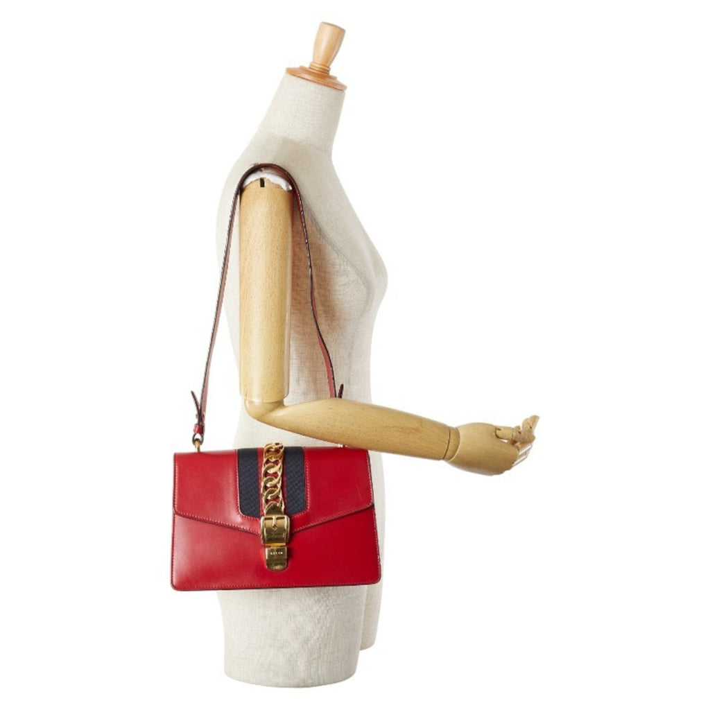 Gucci Navy Red Color Leather Shoulder Bag (Pre-Owned)